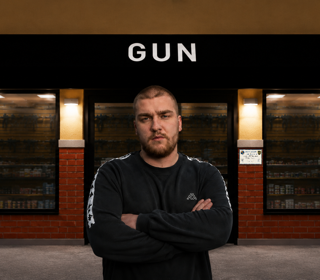 Aidan Deifel standing in front of Aidan's Gun Collection in North Holland