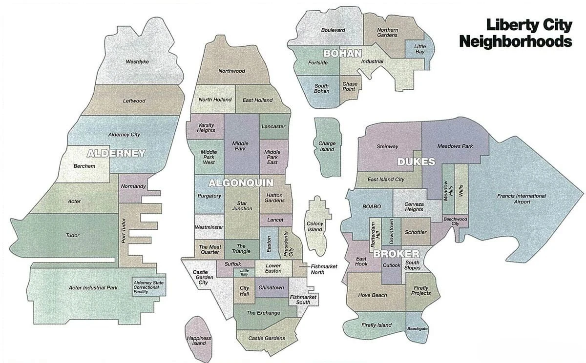 Map of Liberty City neighborhoods grouped by borough